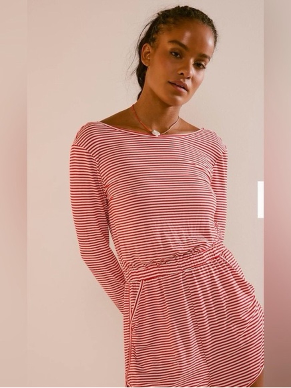 Long-Sleeve Red Striped Elastic-Waist Dress